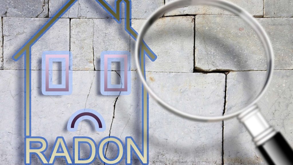 Magnifying glass inspecting radon levels in house illustration.