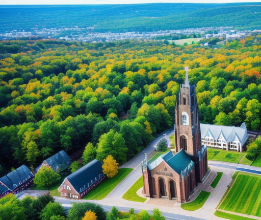 Aerial view of a church amidst autumn foliage in Amherst AM