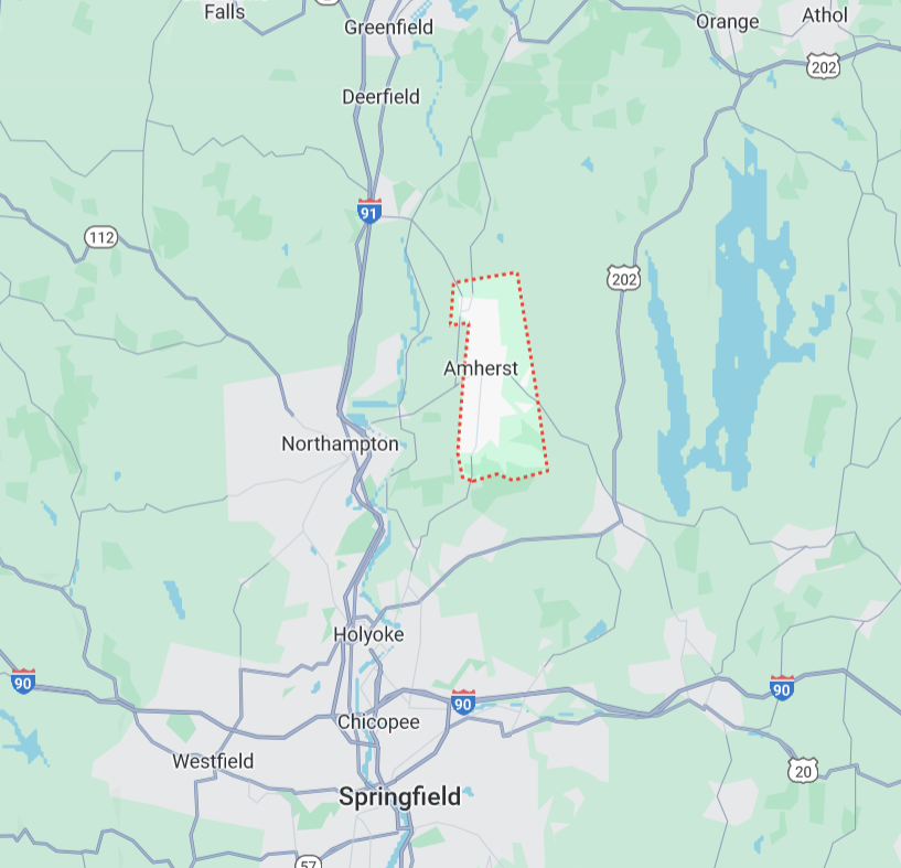 Home Water Treatment Systems Service Map for SafeWell highlighting area around Amherst, Massachusetts.