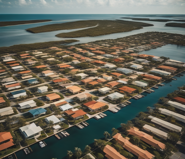 Aerial view of waterfront residential area with canals in Bonita Springs, FL