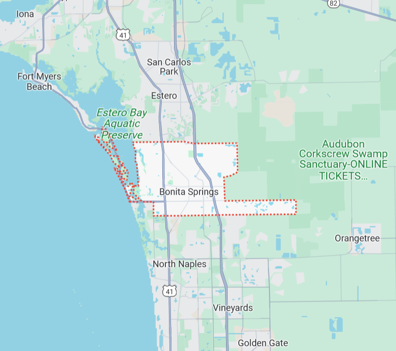 SafeWell Service Area Map for Water Treatment and Well Testing Services in Bonita Springs, FL