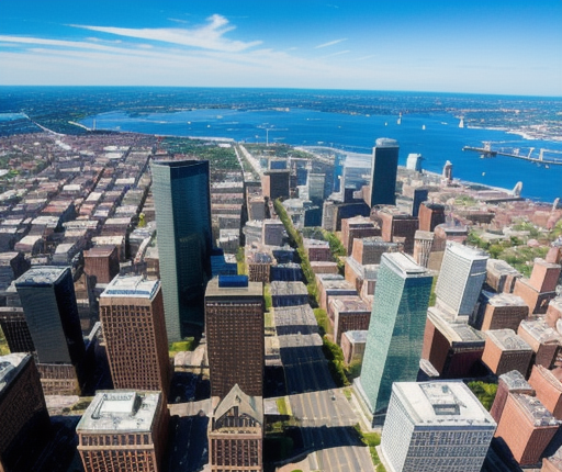 Aerial view of a coastal city skyline with skyscrapers in Boston MA