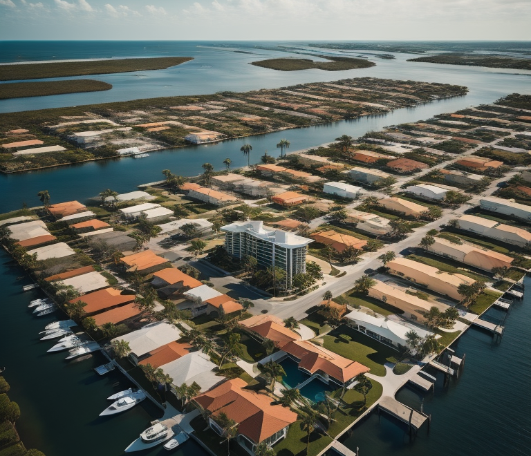 Aerial view of coastal residential area with docks and boats in Cape Coral, FL