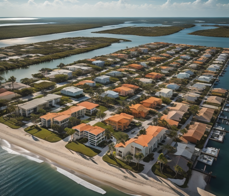 Aerial view of coastal residential area with docks in Estero, FL
