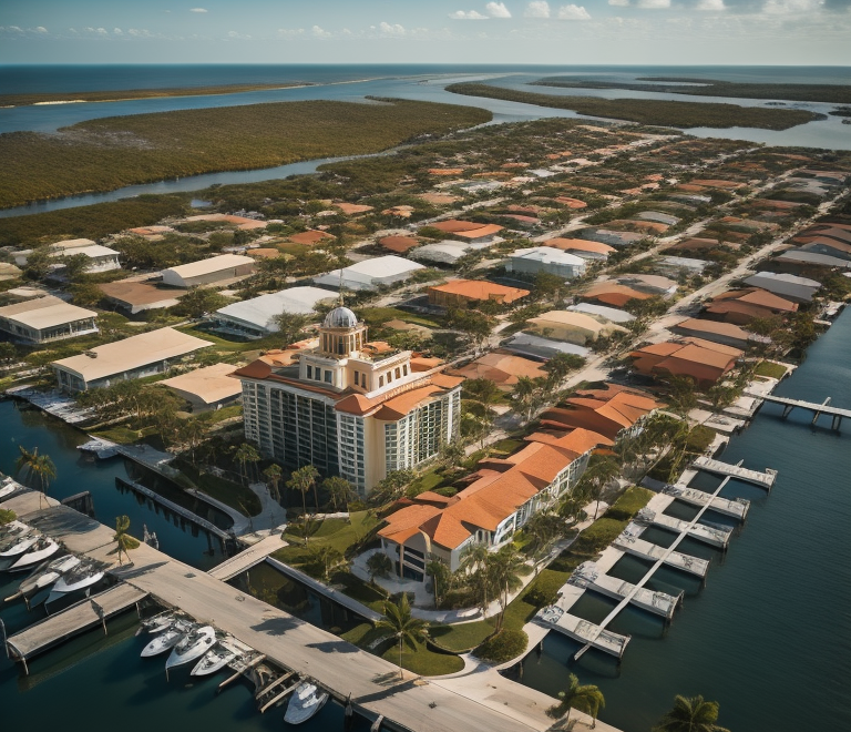 Coastal waterfront view of Fort Myers, Florida with luxury building and marina.