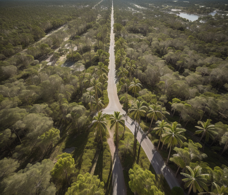 Aerial view of road through lush forest with palm trees in Golden Gate Estates, Florida