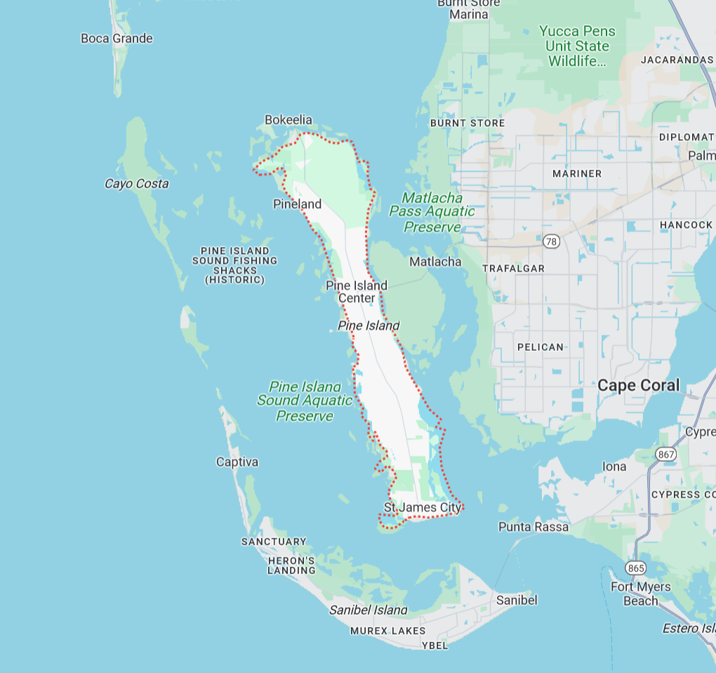 Map showing Pine Island and surrounding areas in Florida serviced by SafeWall Home Water Treatment