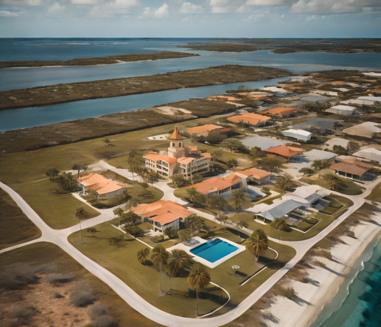 Aerial view of coastal resort with pool and palm trees in Iona, FL