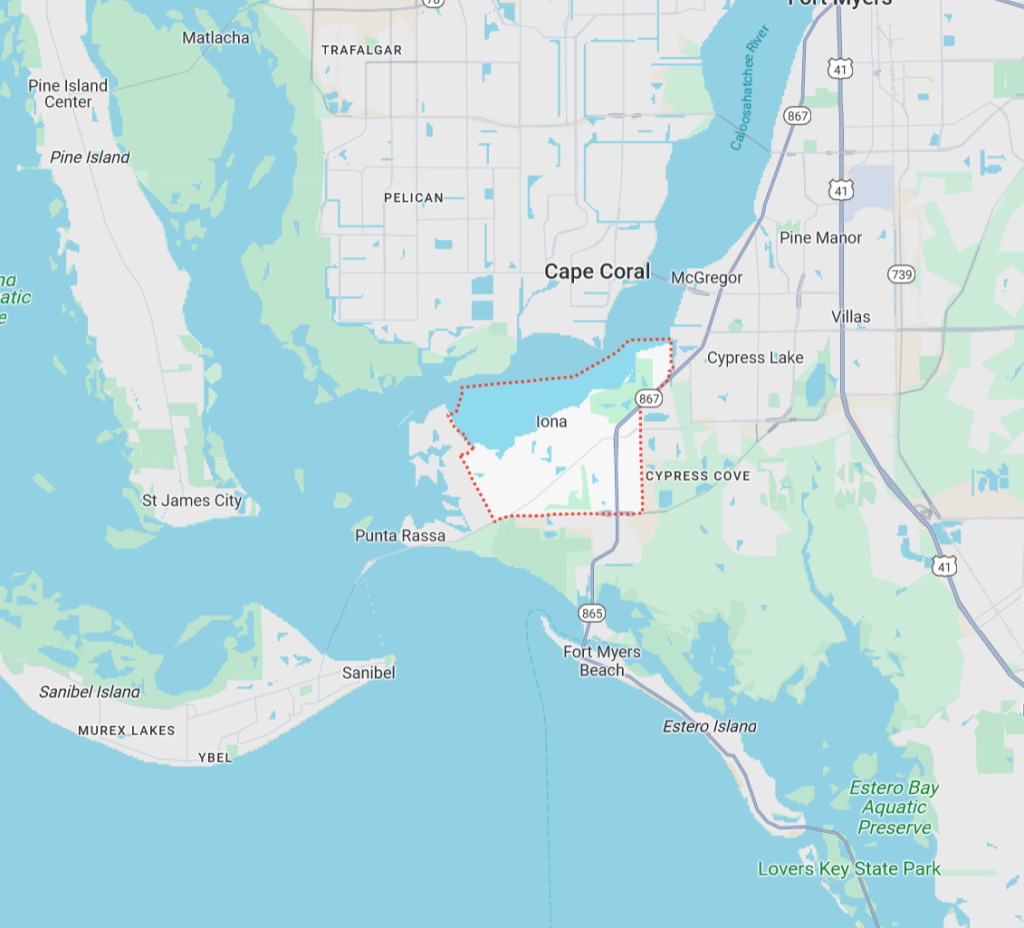 Home water treatment and well testing service map for Iona, Fl area.