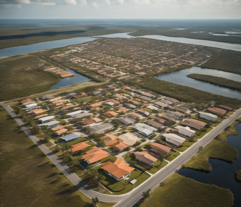 Aerial view of suburban neighborhood in Lehigh Acres, FL