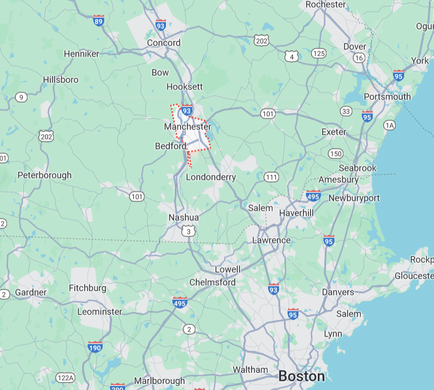 Water Systems Service Map of Manchester, New Hampshire and surrounding areas.