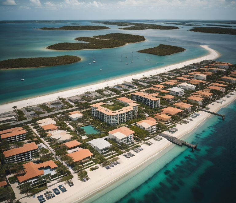 Aerial view of tropical beachfront resort with marina in Marco Island, FL