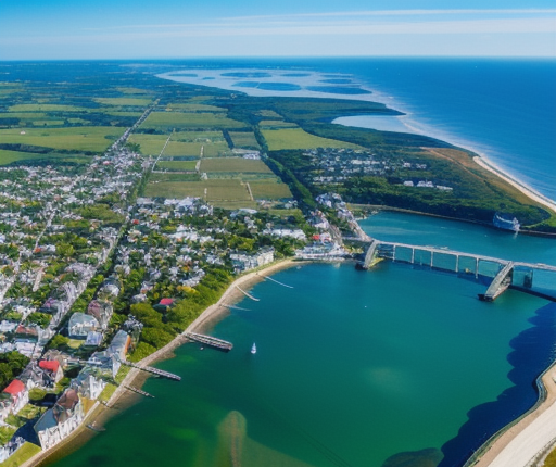 Aerial view of coastal town of Nantucket, MA with bridge and boats.