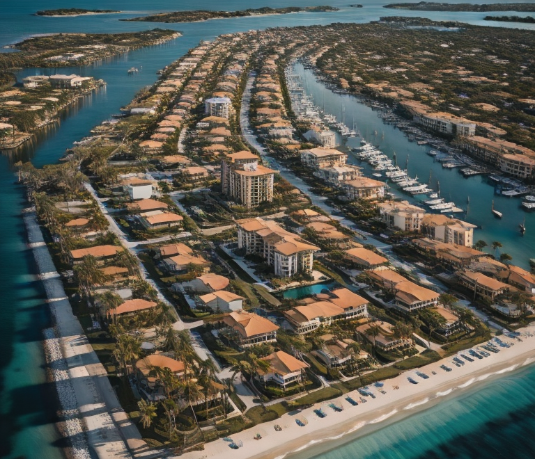 Aerial view of coastal residential area in Naples, FL with marina and boats.