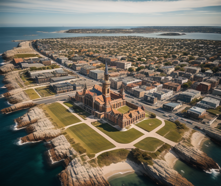 Aerial view of coastal historic cathedral in Newport, Rhode Island