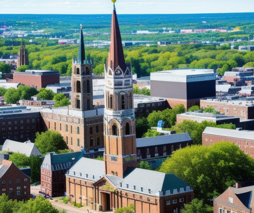 Aerial view of historic church among city buildings in Northampton, MA