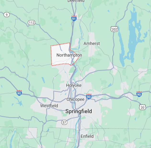 Map showing Northampton near Springfield, Massachusetts.