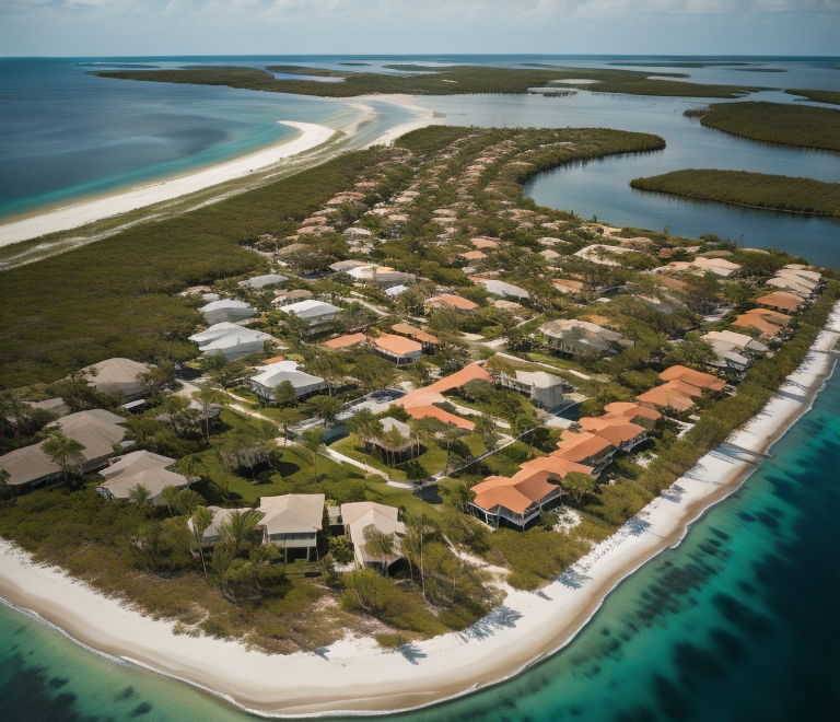 Aerial view of coastal residential area in Pine Island, FL with clear blue waters.