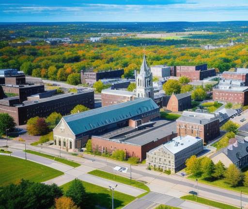 Aerial view of university campus with lush greenery in Pittsfield, MA