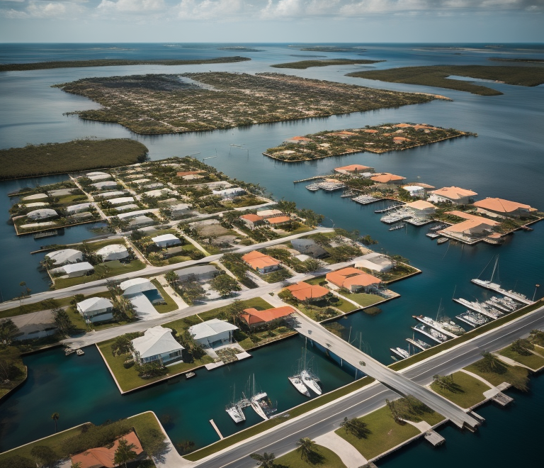 Aerial view of coastal residential area with docks and boats in Port Charlotte, Florida