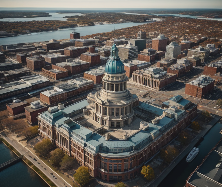 Aerial view of a historic domed building near water in Providence, Rhode Island