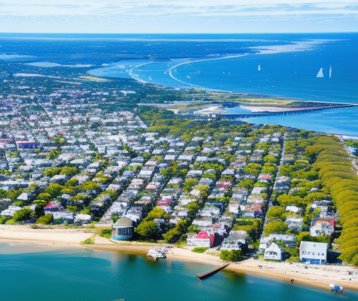 Aerial view of coastal town of Provincetown MA with marina and beach.