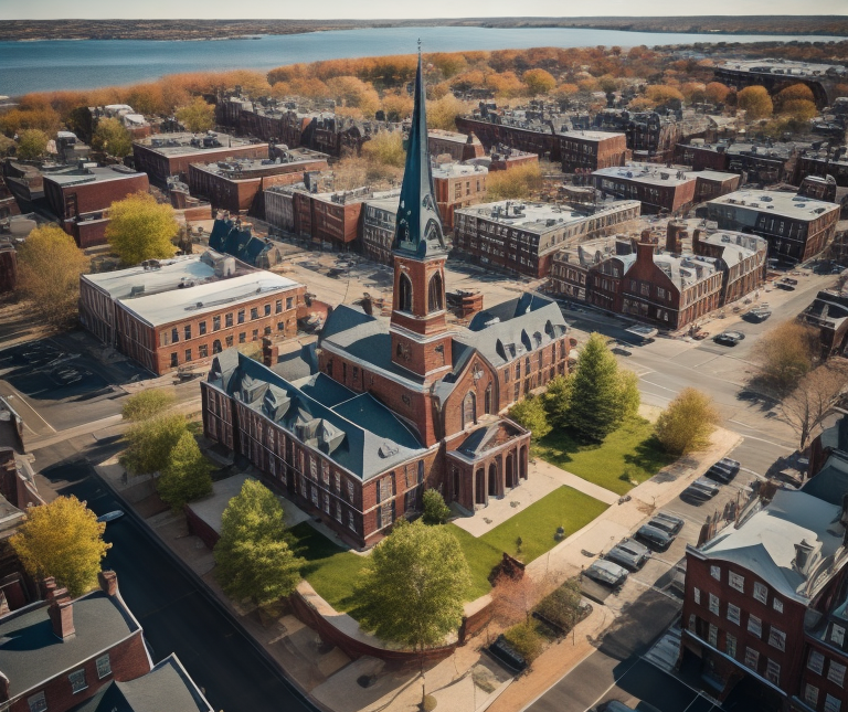 Aerial view of historic church in Salem MA near waterfront.