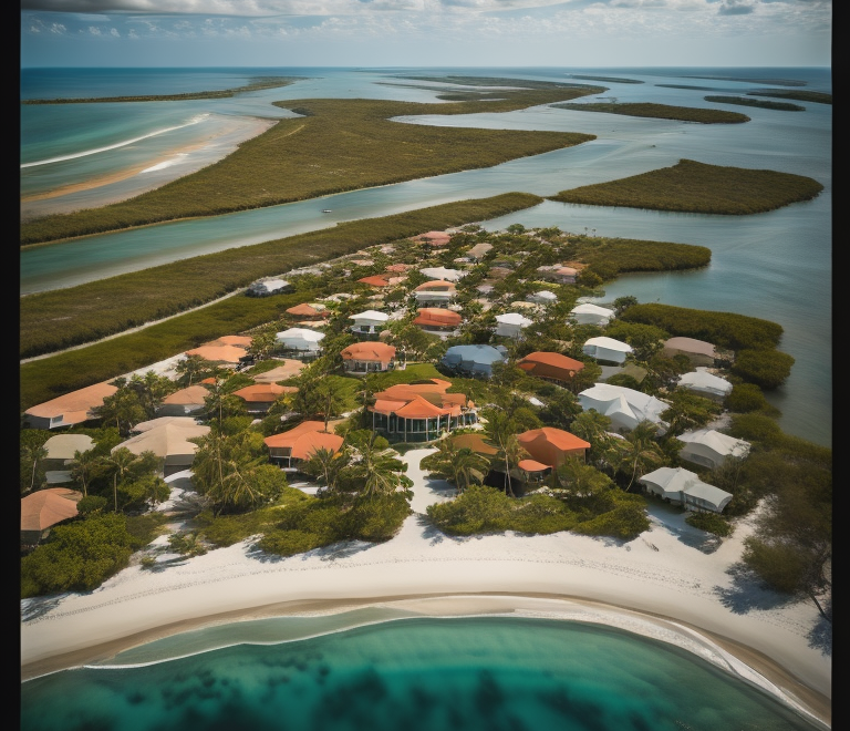 Aerial view of tropical island resort with beaches and ocean in Sanibel, Florida