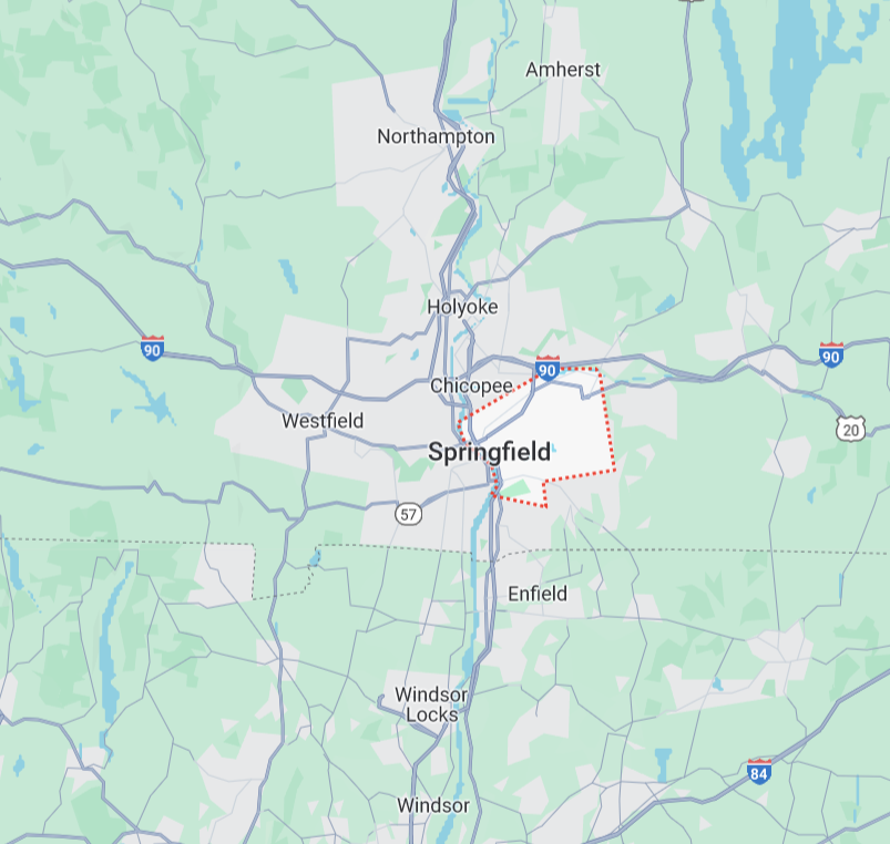Map showing Springfield area in Massachusetts. SafeWay services this area with home water treatment systems.