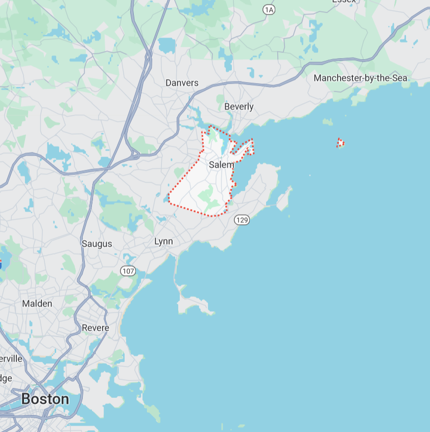 Map showing Salem water treatment service area for SafeWell near Boston, Massachusetts.