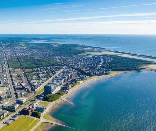 Aerial view of coastal cityscape of Yarmouth, MA with beach and clear skies