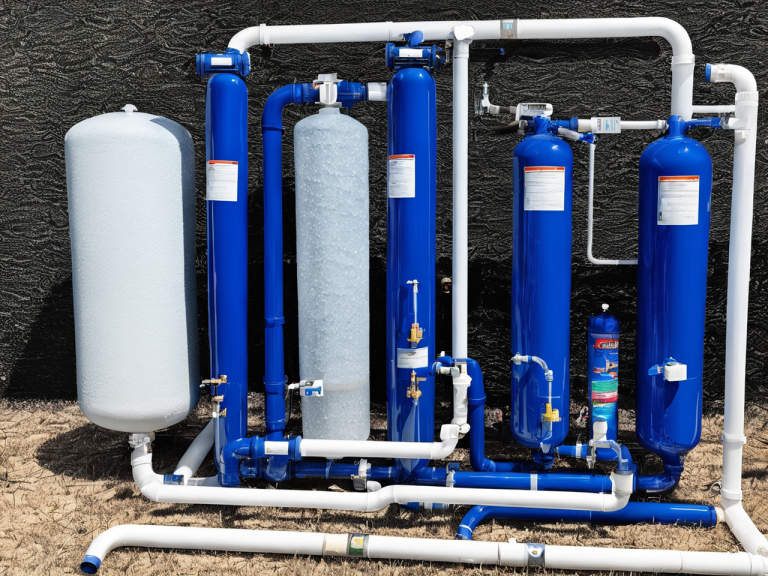 Home water filtration system with blue tank and pvc pipes.